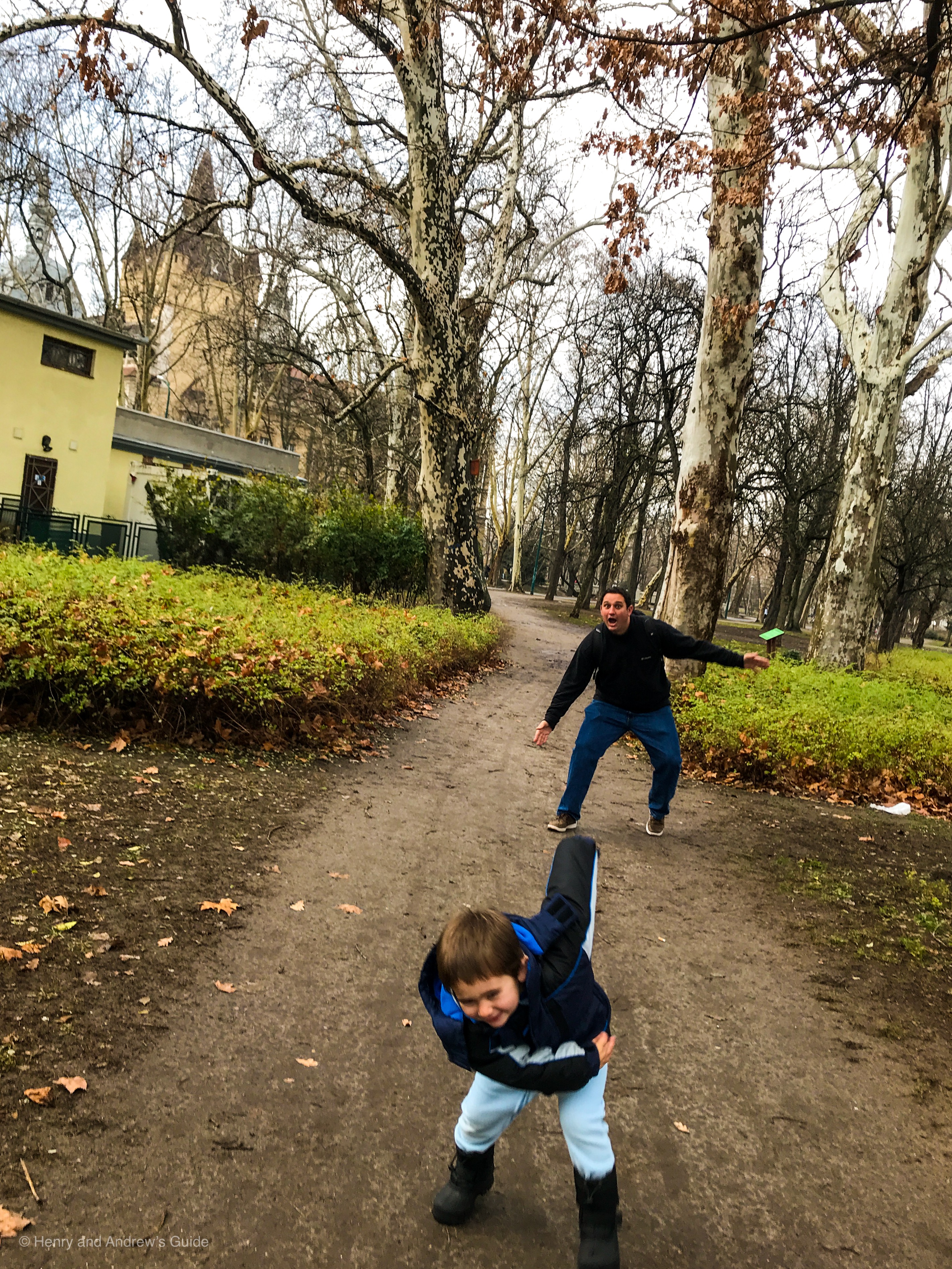 Horsing around with dad in Budapest in the winter